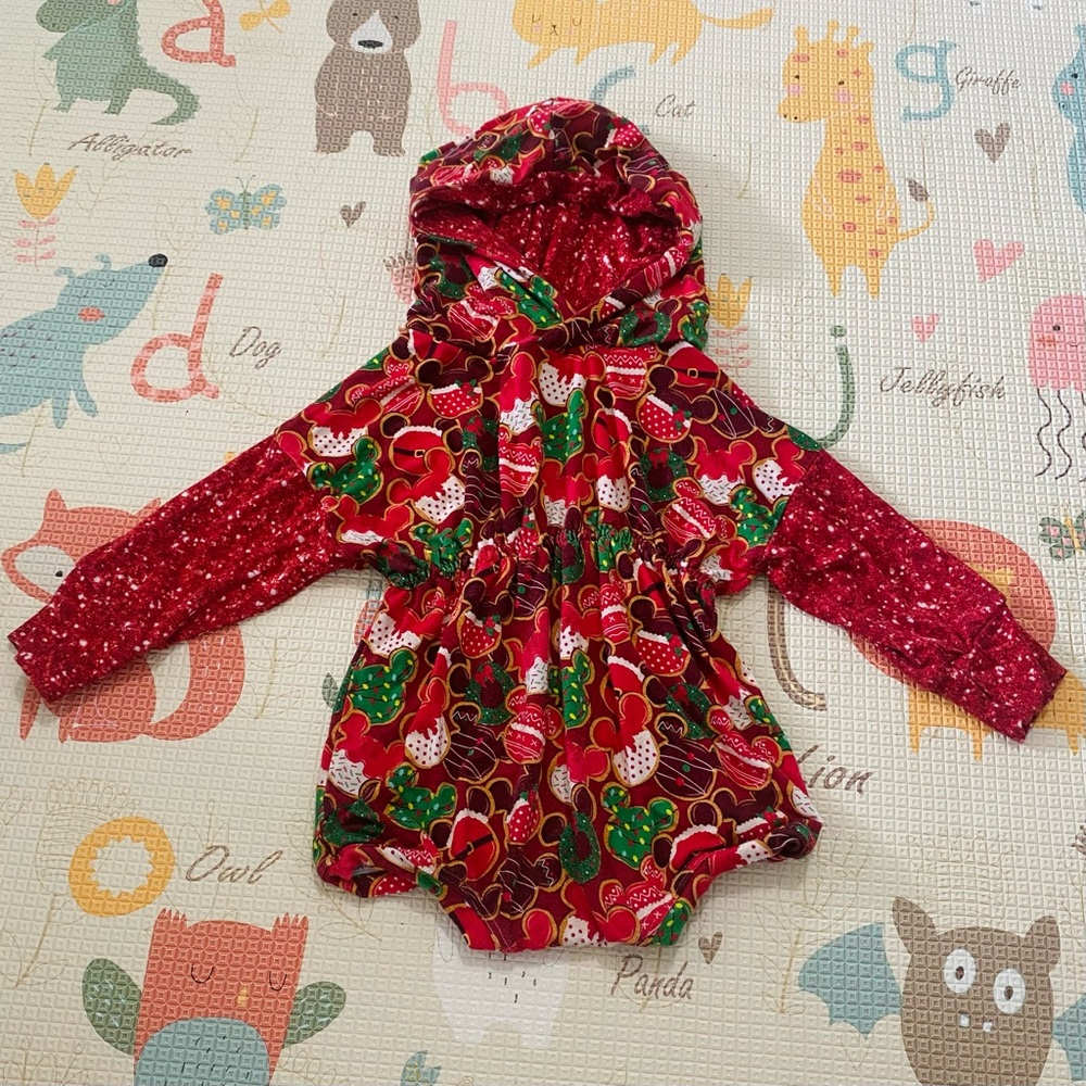 Custom bamboo Disney Christmas MVMCP romper hoodie with bottom snaps 12-18M